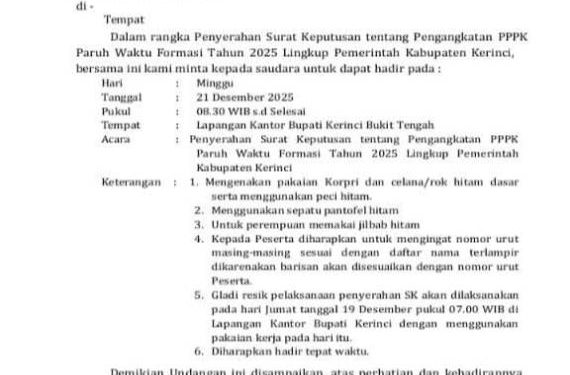 Undangan penyerahan SK PPPK Paruh Waktu Kerinci