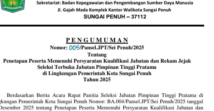 Seleksi Jabatan Eselon II Pemkot Sungai Penuh
