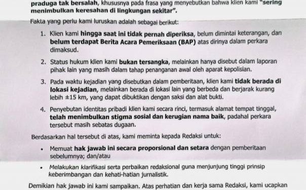 Surat Klarifikasi dari Kuasa Hukum Bantah Keterlibatan WSN