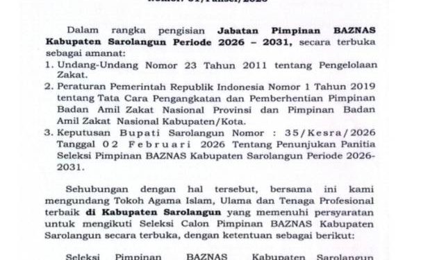 Pendaftaran Calon Pimpinan BAZNAS Sarolangun Dibuka
