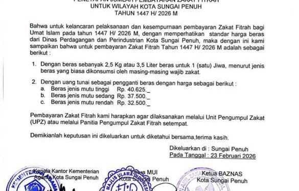 Pemkot Sungai Penuh Tetapkan Besaran Zakat Fitrah