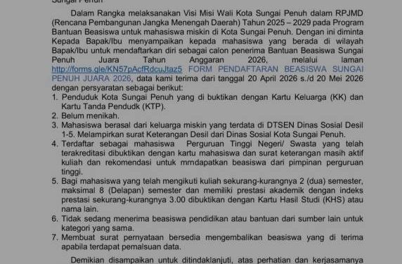 Ayo Buruan! Begini Cara Daftar Beasiswa Sungai Penuh Juara 2026