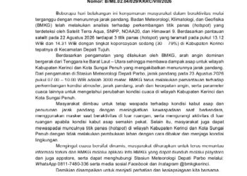 BMKG Ingatkan Kabut Asap Ganggu Jarak Pandang di Kerinci dan Sungai Penuh