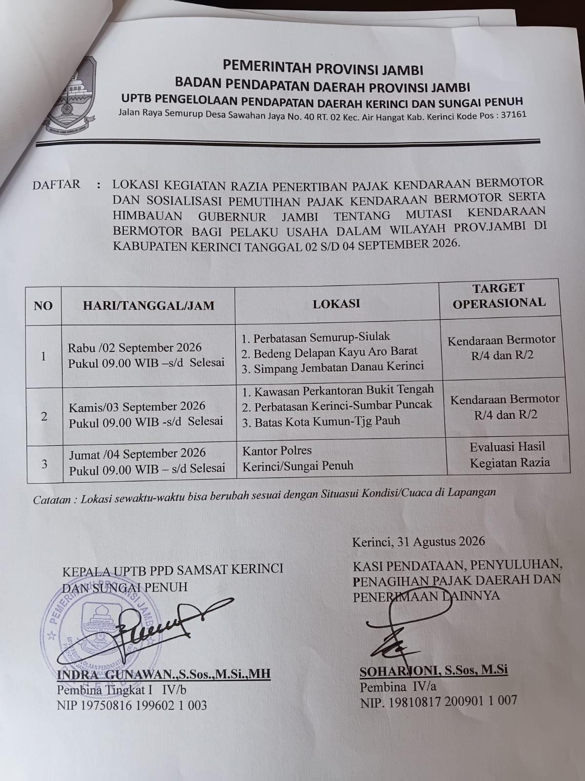 Razia Pajak Kendaraan di Kerinci dan Sungai Penuh