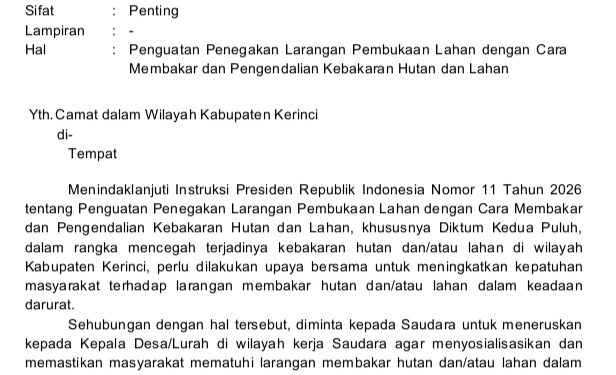 Bupati Kerinci Perkuat Larangan Bakar Lahan, Camat Diminta Tingkatkan Pengawasan