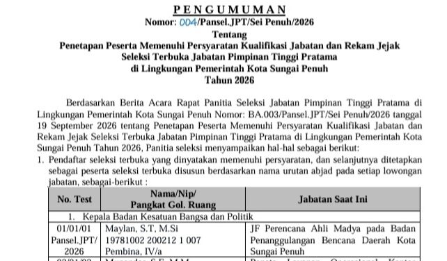 Seleksi Administrasi Jabatan Eselon II Sungai Penuh Diumumkan