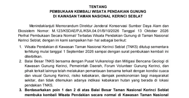 Jalur Pendakian Gunung Kerinci Kembali Dibuka